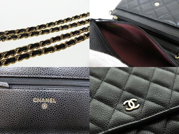 シャネル CHANEL 正規 美品 クラシック チェーン ウォレット キャビア 財布  ゴールド 金具 A33814