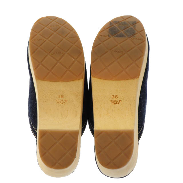 シャネル CHANEL デニム ココマーク 刺繍 ウッドソール サボ サンダル 36 インディゴ