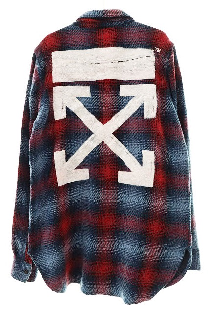 オフホワイト OFF WHITE 17AW バックアローロゴ プリント チェックシャツ コットン ウール S