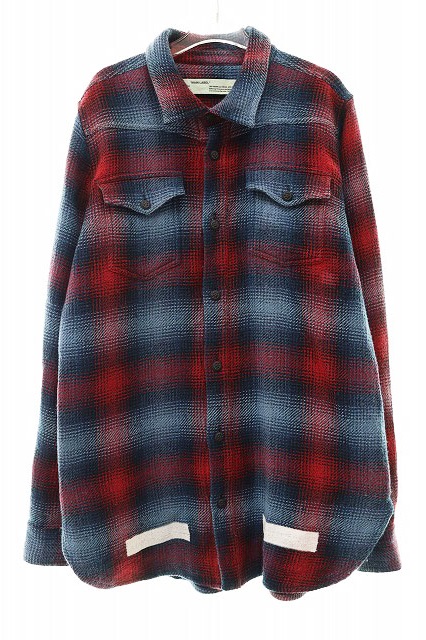 オフホワイト OFF WHITE 17AW バックアローロゴ プリント チェックシャツ コットン ウール S