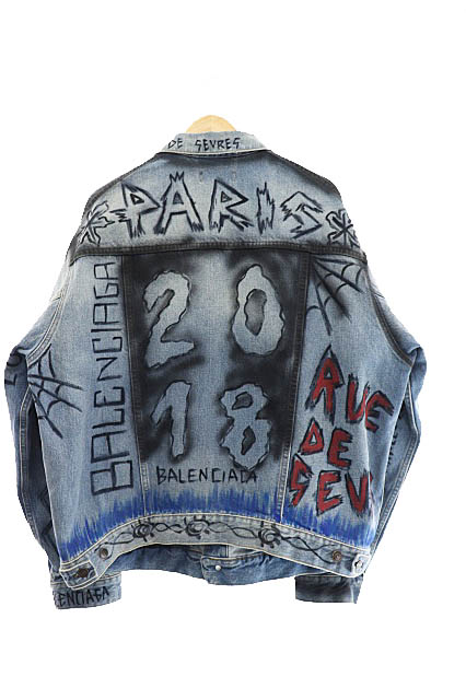 バレンシアガ BALENCIAGA 18AW Graphic Denim Jacket グラフィック ペイント 加工 デニム ジャケット 534556 46 インディゴ ブルー