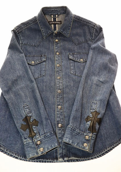 クロムハーツ CHROME HEARTS DENIM WESTERN Lサイズ デニム ウエスタン 長袖 シャツ クロスボール ボタン クロスパッチ