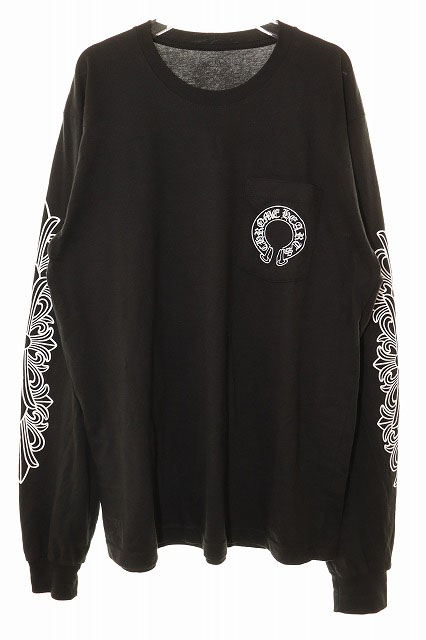 クロムハーツ CHROME HEARTS L/S TEE BLACK L 袖フローラル バックホースシュー プリント 長袖