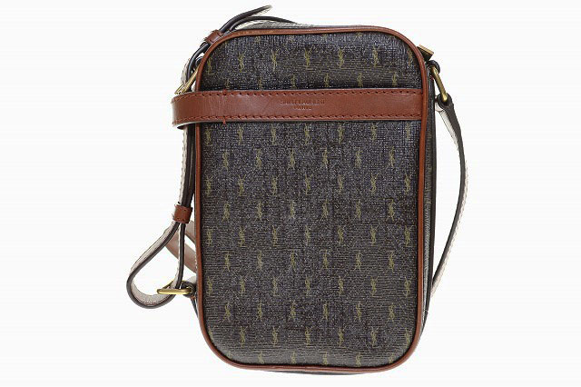 サンローラン パリ SAINT LAURENT PARIS ルモノグラム クロスボディポーチ ショルダーバッグ キャンバス スムースレザー イタリア製 ブラウン