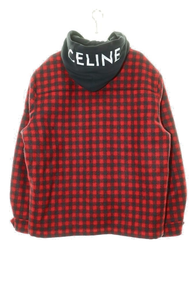 セリーヌ CELINE チェック柄 フーデッド ウール シャツ ブルゾン ジャケット 54サイズ レッド 赤