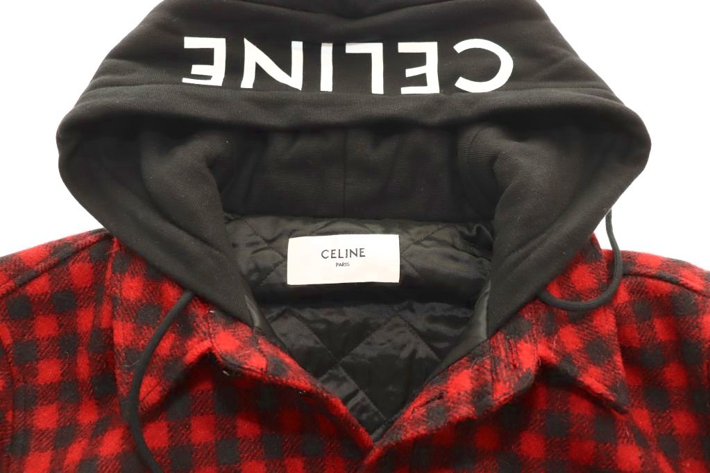 セリーヌ CELINE チェック柄 フーデッド ウール シャツ ブルゾン ジャケット 54サイズ レッド 赤